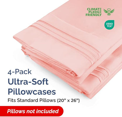Standard Pillow Cases Set of 4 - Ultra Soft Hotel Quality Pillowcase Covers - Comfy Bedding for Women, Men, Kids & Teens - Machine Washable Pillow Protectors - 4 Piece Set - Standard Size Baby Pink
