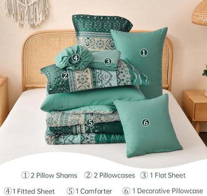 Cottolester Boho Comforter Set King Size,Teal Green Striped Bed in a Bag