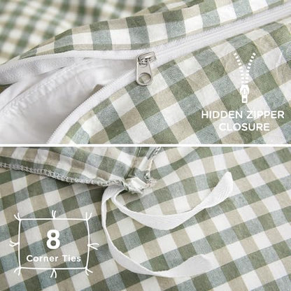 TOCOMOA Green Gingham Duvet Cover Set Washed Cotton Like Linen, Twin
