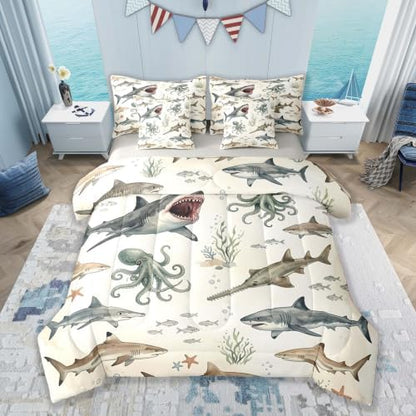 Feelyou Shark Comforter Set with Sheets 7 Piece Full Size