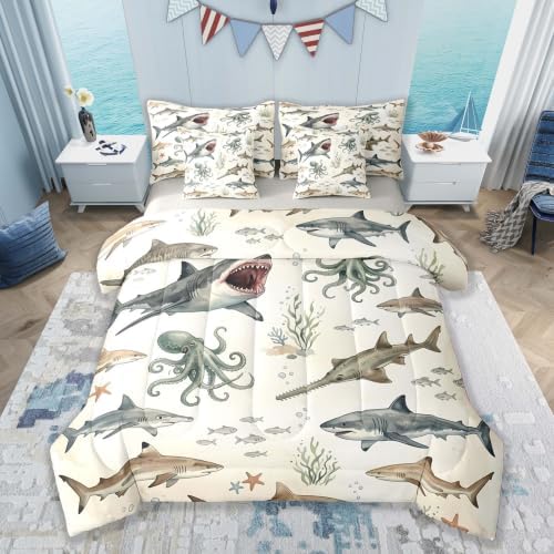 Feelyou Shark Comforter Set King Size 7 Pieces Octopus Starfish Bedding Set for Kids Boys Girls Sea Underwater World Bed in a Bag with Comforter, Sheets, Pillowcases, Cushion Covers Lightweight