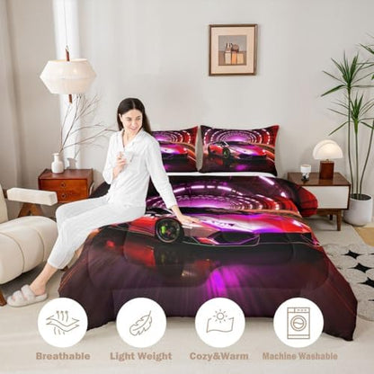 Feelyou Boys Sports Car Comforter Set King Size Pink Racing Car Bedding Set for Kids Boys Girls Extreme Sports Duvet Quilt Automobile Bedroom Decor Microfiber 3 Pcs with 2 Pillow Cases