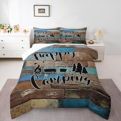 Camping Adventure Comforter Set King Size,Camper RV Trailer Decor Bedding Set 3pcs for Kids Boys Girls Adults,Retro Wooden Plank Cottage Down Comforter,Rustic Farmhouse Duvet Insert,2 Pillowcases