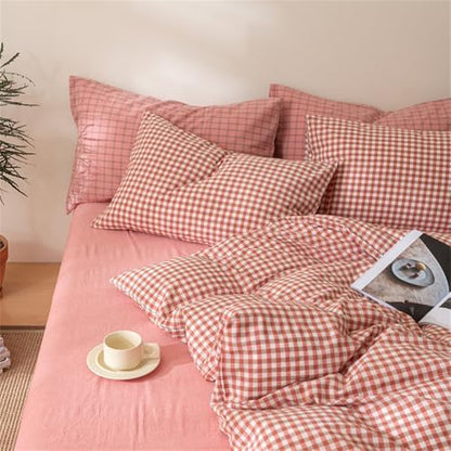 mixinni Orange Gingham Comforter Set Full, Plaid Comforter Set 3 Pieces 1 Orange Grid Comfoter with 2 Pillow Cases for All Seasons, Soft Fluffy Modern Grid Pattern Printed Bedding-Full Size