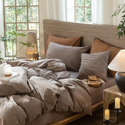 MooMee Wavy Striped Duvet Cover Set 100% Washed Cotton Linen Like Textured Breathable Durable Soft Comfy (Brown, Queen 90"x90")