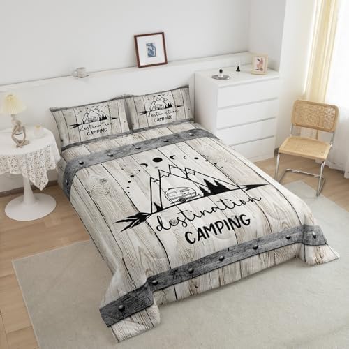 Happy Camping Car Comforter Set Queen Size,RV Camper Trailer Decor Bedding Set 3pcs for Kids Boys Girls Adults,Vintage Wooden Plank Cabin Down Comforter,Rustic Farmhouse Duvet Insert,2 Pillowcases