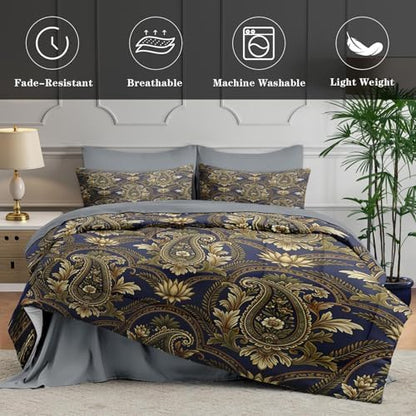 WeCozy Queen Comforter Set with Sheets, 7 Pieces Paisley Vintage Bedding