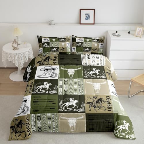 Manfei Cowboy Comforter Set Twin Size, Bull Skull Horse Arrow Quilt Set with 1 Pillowcase, Army Green Lattice Patchwork Bedding Set 2pcs for Kids Boys Bedroom Decor Western Duvet Insert
