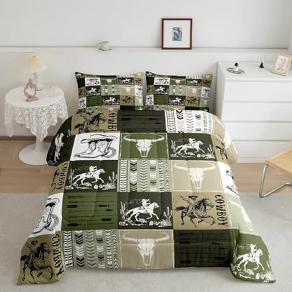 Manfei Cowboy Comforter Set Twin Size, Bull Skull Horse Arrow Quilt Set with 1 Pillowcase, Army Green Lattice Patchwork Bedding Set 2pcs for Kids Boys Bedroom Decor Western Duvet Insert