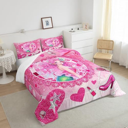 Mermaid Princess Kids Comforter Set Queen Size,High-Heeled Shoes Lip Bowknot Romantic Bedding Set,Girls Women Room Decor,Glitter Sequin Castle Down Comforter,Pink Dreamy Duvet Insert,2 Pillowcases
