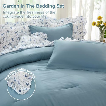 WONGS BEDDING 8PC King Comforter Set, Ruffle Comforter with Floral Sheets
