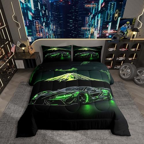 Extreme Sports Car Bed for Boys Green Race Car Comforter Queen Size Kids Racing Cars Quilt Set Boys Room Decor Cool 3D Cars Birthday Decorations for Toddler With 2 Pillow Cases Bedroom Decor-Soft Cozy