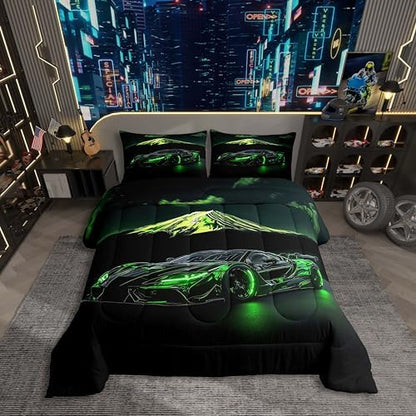 Extreme Sports Car Bed for Boys Green Race Car Comforter Queen Size Kids Racing Cars Quilt Set Boys Room Decor Cool 3D Cars Birthday Decorations for Toddler With 2 Pillow Cases Bedroom Decor-Soft Cozy