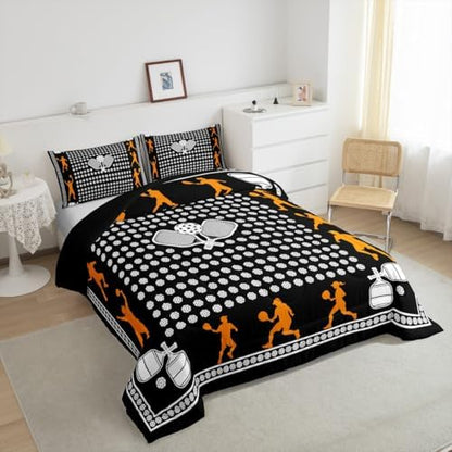 Castle Fairy Pickleball Bedding Set King Size Athlete Silhouette Comforter for Child Teens Sports Ball Gaming Down Comforter Geometric Circle Dots Duvet Insert with 2 Pillowcases