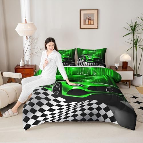 Erosebridal Green Race Car Queen Comforter Set for Toddler Boys,Glitter Ombre Line Art Bedding Set Neon Light Sports Car Dashboard Quilt,Black and White Grid Lattice Buffalo Plaid Decor