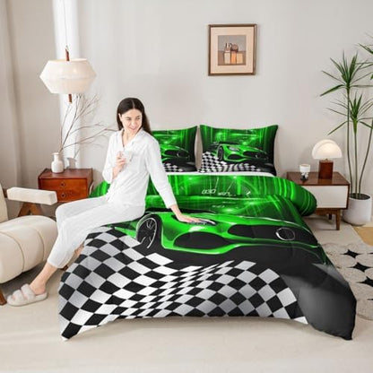 Erosebridal Green Race Car Queen Comforter Set for Toddler Boys,Glitter Ombre Line Art Bedding Set Neon Light Sports Car Dashboard Quilt,Black and White Grid Lattice Buffalo Plaid Decor