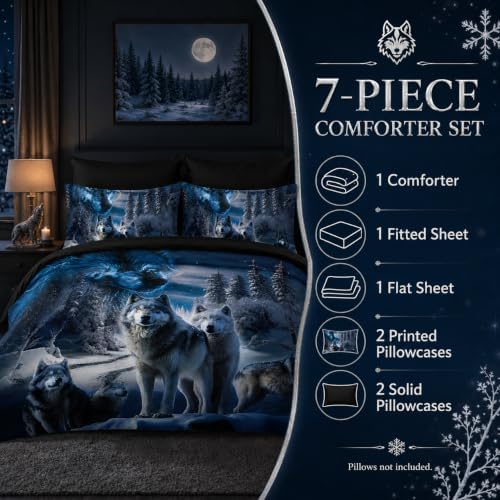 AILONEN Boys Snow Wolf Comforter Set Full 7-Piece Bed in a Bag - Printed Bedding Set for Kids Adults, Safari Animal Comforter, Fitted Sheet, Flat Sheet, 2 Pillowcases, 2 Pillow Shams - Black