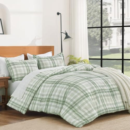 Andency Sage Plaid Comforter Set Twin, Gingham Checkered Grid Bedding Set