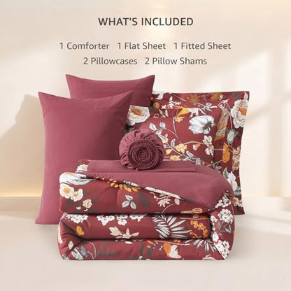 Queen Comforter Set - 7 Pieces Red Floral Bed in a Bag Queen Bedding Sets