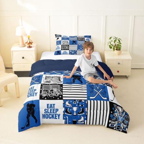 Hockey Sport Comforter Set Queen Size,Eat Sleep Hockey Player Silhouette Bed in a Bag 3Pcs for Kids Teens Woman Men Room Decor,Athletic Quilted Duvet Blue Black White Line Down Comforter,2 Pillowcases