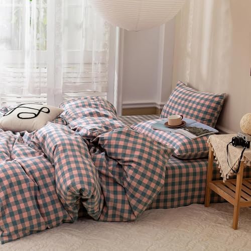 mixinni Pink Blue Purple Checkered Duvet Cover Set - Full Size, 3-Piece 100% Cotton Bedding Set, Soft & Breathable Geometric Plaid with Zipper Closure, Reversible Comforter Cover for All Seasons