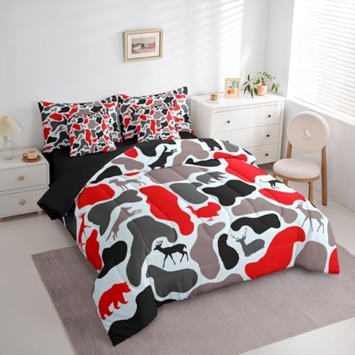 Erosebridal Deer Hound 7 Piece Bedding Set Queen Camo Comforter Set with Sheets Turkey Bear Retro Wolf Pattern Bed in a Bag Red Woods Army Camouflage for Kids Boys Girls
