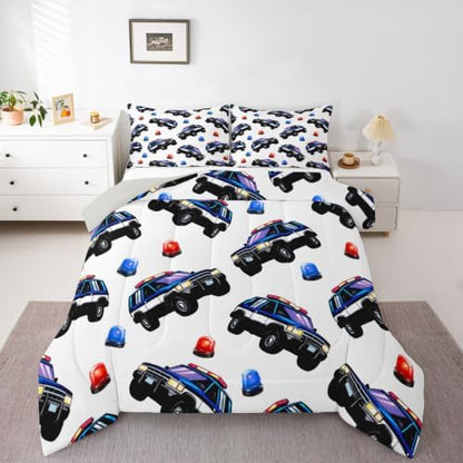 Feelyou Police Car Comforter Set King Size Policeman Vehicle Bedding Set for Kids Boys Girls Automobile Duvet Quilt Bedroom Decor Microfiber 3 Pcs with 2 Pillow Cases
