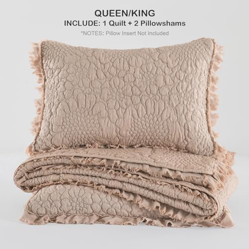 HORIMOTE HOME Pinkish Grey Ruffled Quilt Queen Size, Stone-Washed Lightweight Crinkled Farmhouse Rustic Shabby Chic Bedding Set, 3 Pieces Reversible Bedspread with Pillow Shams for All Season