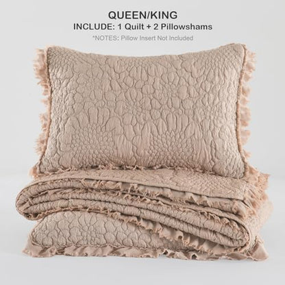 HORIMOTE HOME Pinkish Grey Ruffled Quilt Queen Size, Stone-Washed Lightweight Crinkled Farmhouse Rustic Shabby Chic Bedding Set, 3 Pieces Reversible Bedspread with Pillow Shams for All Season