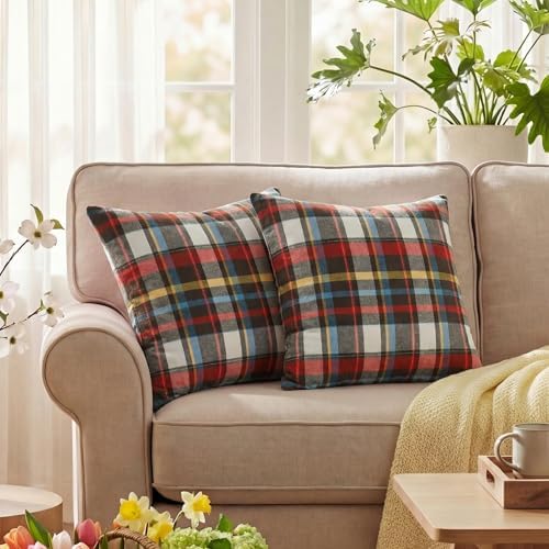AVOIN colorlife Spring Summer Red Brown Blue Plaid Decorative Throw Pillow Covers, 18 x 18 Inch Holiday Scottish Tartan Cushion Case Farmhouse Decoration for Sofa Couch Set of 2