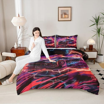 Feelyou Sports Car Comforter Set King Size Lightning Bolts Bedding Set for Kids Boys Girls Race Car Duvet Quilt Speed Sports Games Bedroom Decor Cool Modern Microfiber 3 Pcs with 2 Pillow Cases