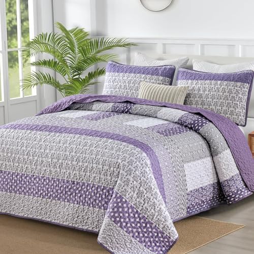 WONGS BEDDING Purple Queen Quilt Bedding Set, Bohemian Stripe Bedspread