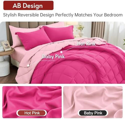 MUXHOMO 7 Pieces Full Comforter Set, Reversible Bed in a Bag Full Size, All Season Bedding Set with Comforter, Flat Sheet, Fitted Sheet, Pillowcases & Shams, Hot Pink & Baby Pink