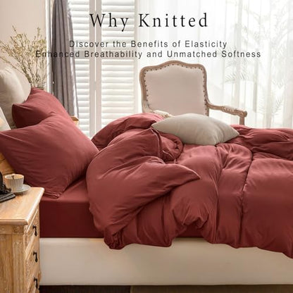 PURE ERA Jersey Knit Duvet Cover Set Solid Brick Red Queen