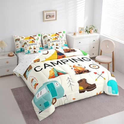 Erosebridal 7 Piece Happy Camping Full Comforter Set for Camper,RV Bunk Bedding Sets with Sheets for Kids Boys Girls,Travel Trailer Tent Decor Bed Set with Fitted Sheet+Flat Sheet,Pillowcases