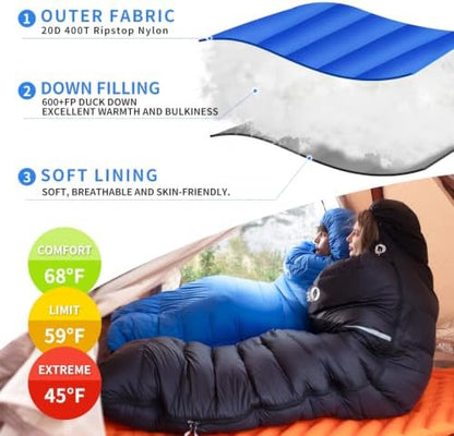 Down Sleeping Bag for Adults, 600 Fill Power Ultralight Backpacking