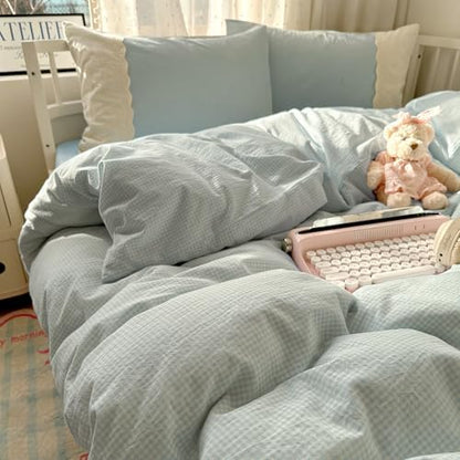 VM VOUGEMARKET Lace Duvet Cover Twin Blue Plaid Gingham Duvet Cover with 2 Romantic lace Pillowcases Soft Cozy Grid Bedding Set for College Dorm