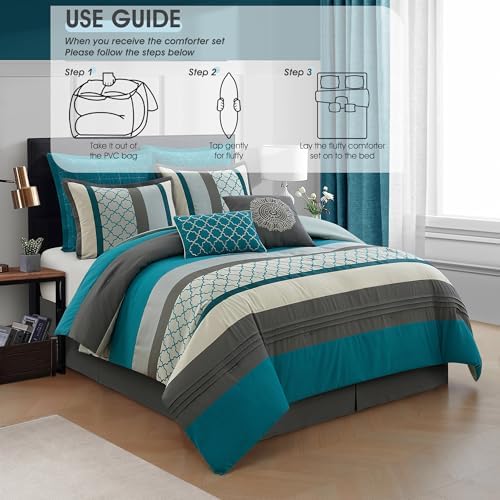LANCO MODERN LIFESTYLE King Comforter Set, Grey Bedding Set, Jacquard Woven with Geometry, 16 Pieces Room in a Bag, Sheets, Bedskirt, Pillow Shams and Cases, Decorative Pillows and Curtains