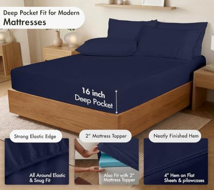 RUVANTI 100% Cotton Full Sheet Set, Percale Full Size Sheets, Deep Navy
