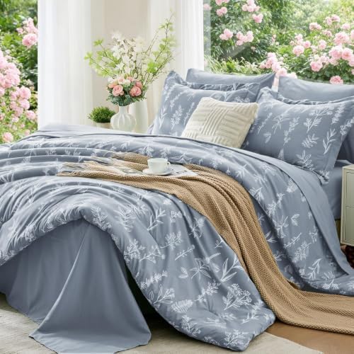 MUXHOMO Light Grey King Comforter Set, Elegant Floral Print Bed in a Bag 7 Pieces, Ultra Soft & Breathable Reversible Botanical Pattern Bedding Set with Comforter, Sheets, Pillowcases, and Shams