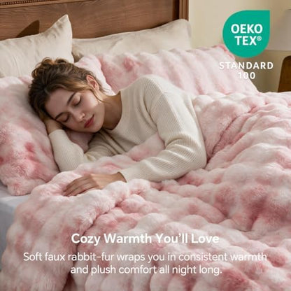 BEDELITE Tie Dye Faux Fur Comforter Set King,Thick Winter Comforter,Pink