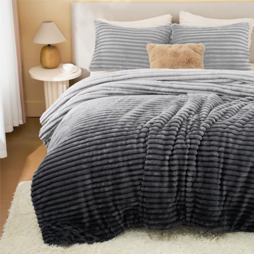 BEDELITE Fleece Queen Comforter Set, Fluffy Bed Set, Grey Ombre