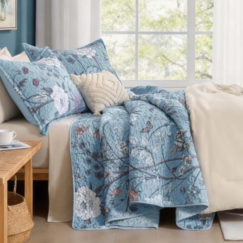 Litanika Floral Light Blue Quilt Queen - 3Pcs Botanical Birds Bedding Set
