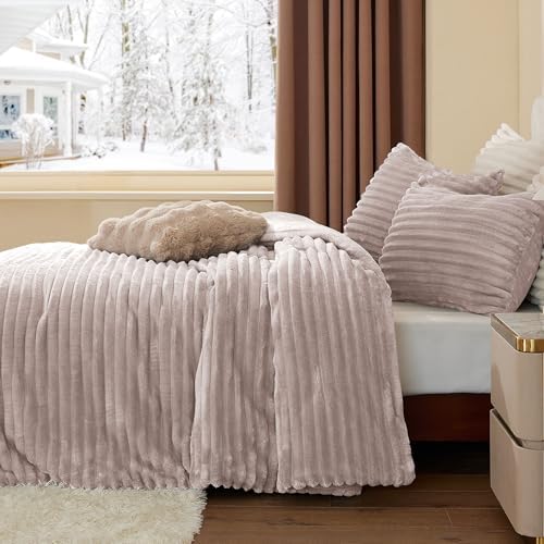 BEDELITE Fleece Queen Comforter Set, Fluffy Bed Set, Lotus Pink
