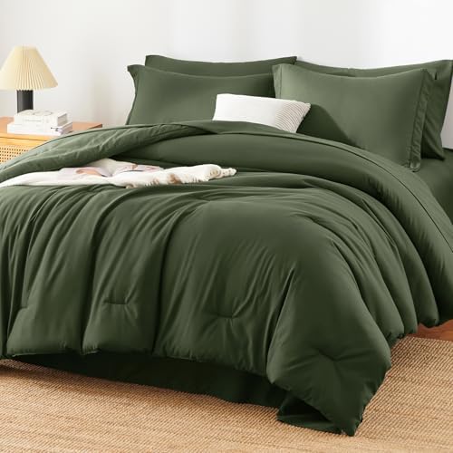 HIMEET Oversized Queen Comforter Sets, 7-Piece Point-Quilted, Olive Green