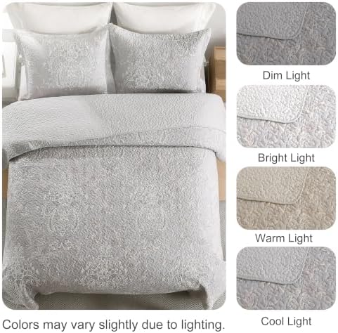 100% Cotton Quilt Set Queen Size, Classic Damask, Gray 90"x98"