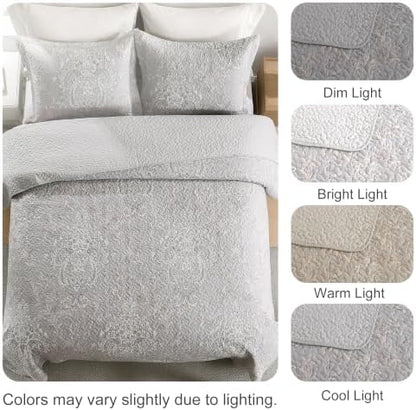 100% Cotton Quilt Set Queen Size, Classic Damask, Gray 90"x98"