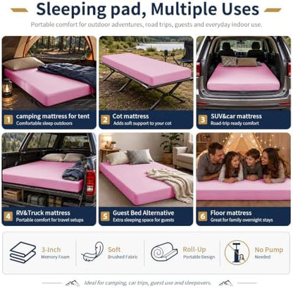 CYMULA Memory Foam Camping Mattress Pad,Sleeping Pad for Camping,Non-Slip Bottom Floor Car Mattress Bed with Retaining Portable Roll up Mattress Pad Mat for Travel Truck Guest Bed Tent