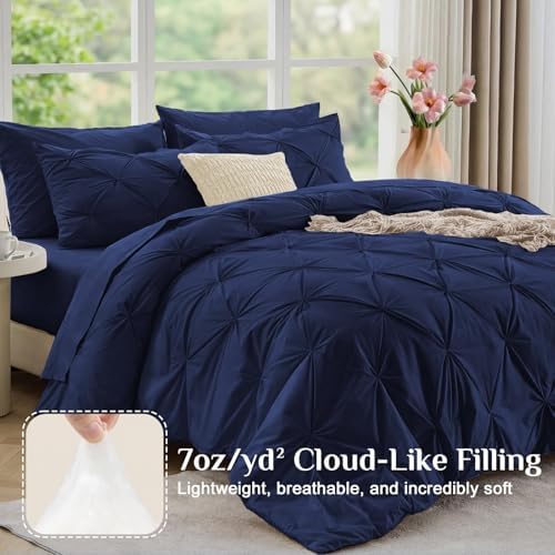 JOLLYVOGUE Twin Comforter Set 5 Pieces - Bed in a Bag Twin for All Season, Pintuck Bedding Comforter Sets with Comforter, Flat Sheet, Fitted Sheet and Pillowcases & Shams, Navy