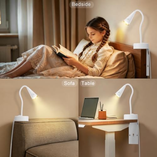 Headboard Reading Light, White Bedside Lamp, No-Drill Book Light for Bedtime Reading, Dimmable LED, Flexible Gooseneck, 360°Adjustable, Plug-in Reading Lamp Movable-1 Pack